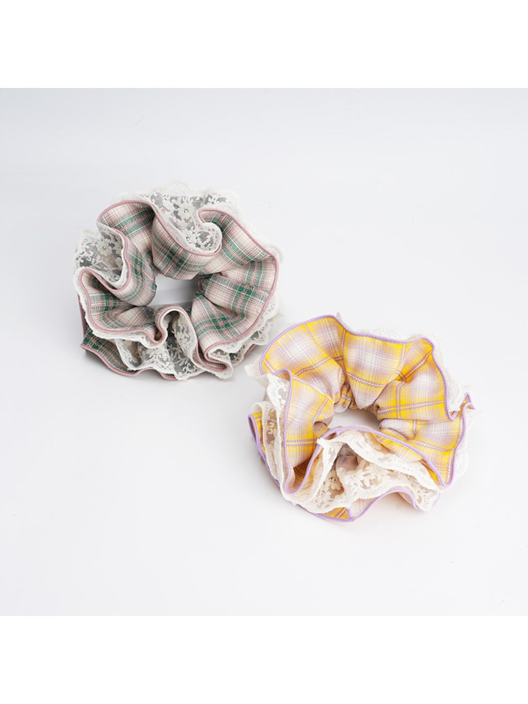 Gifty - Four-Layer Plaid Lace Trim Scrunchie