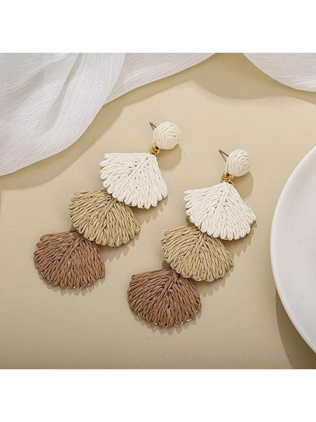 Earedge - Bohemian Shell Raffia Woven Drop Earrings