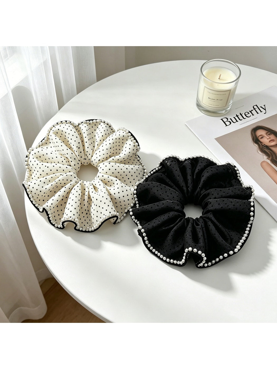 Gifty - Polka Dot Beaded Ruffle Polyester Scrunchie