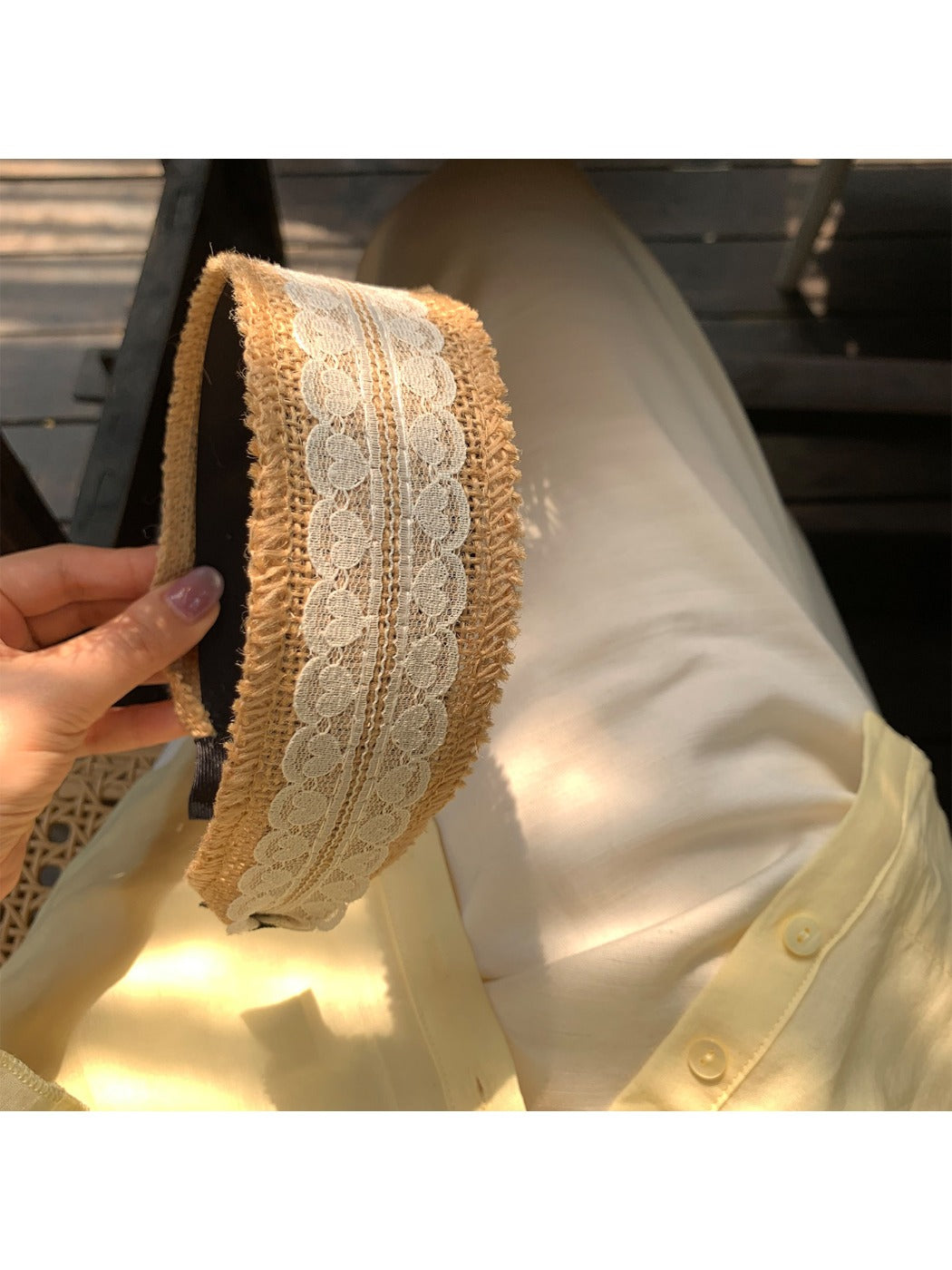 Soft straw woven lace headband styled with loose hair on female model