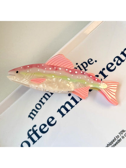 Beau colorful fish shaped hair claw clip styled in long hair