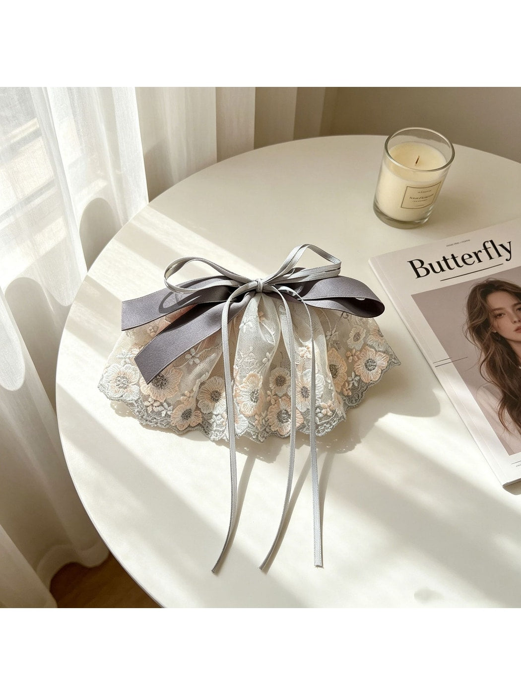 Beau - Lace Embroidered Ribbon Bow Hair Clip
