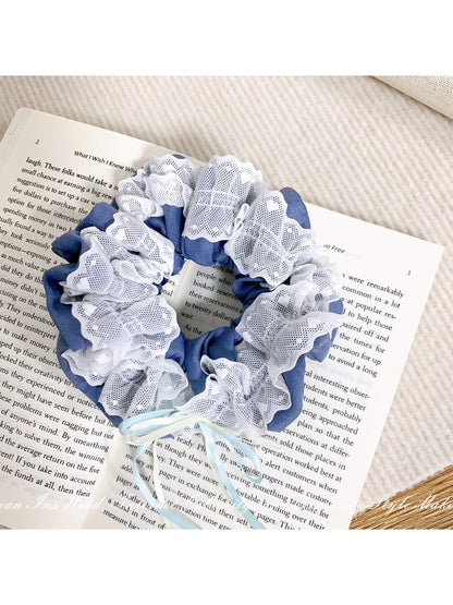 Gifty - Lace Trim Denim Bow Scrunchies
