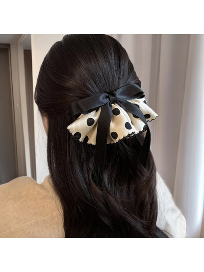 Beau - Polka Dot Ribbon Bow Spring Hair Clip