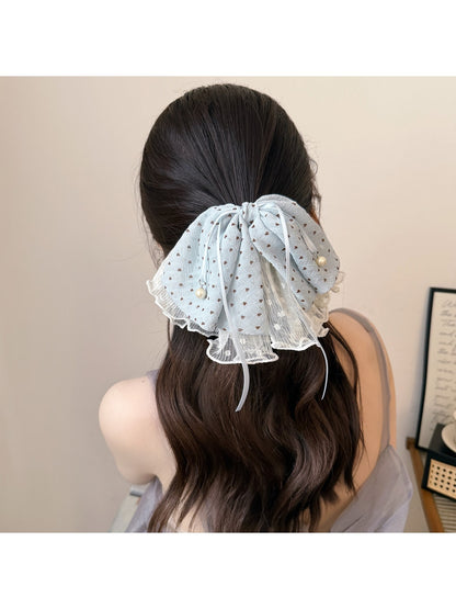 Beau - Polka Dot Ribbon Bow Lace Trim Hair Clip
