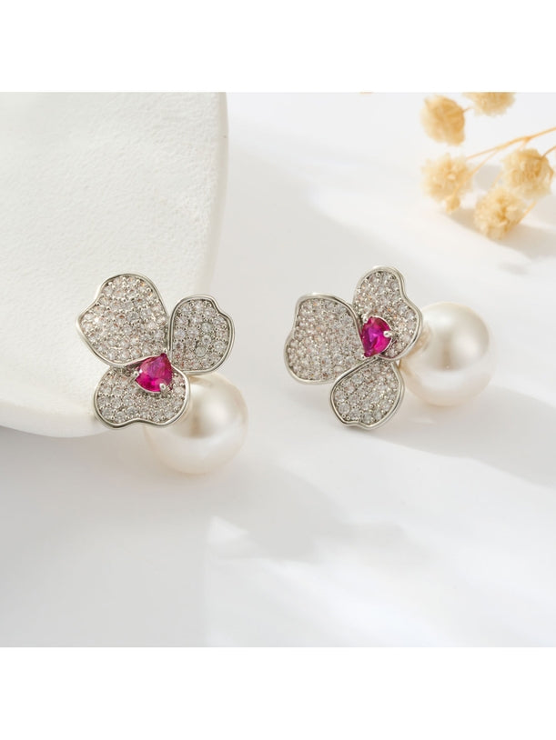 Earedge - Polished Floral Accent Stud Earrings