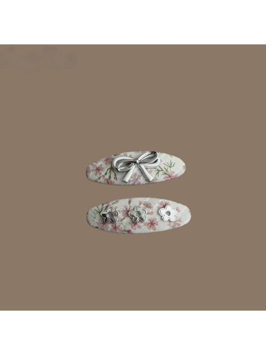 Beau - Botanical Print Bow Accent Oval Hair Clip