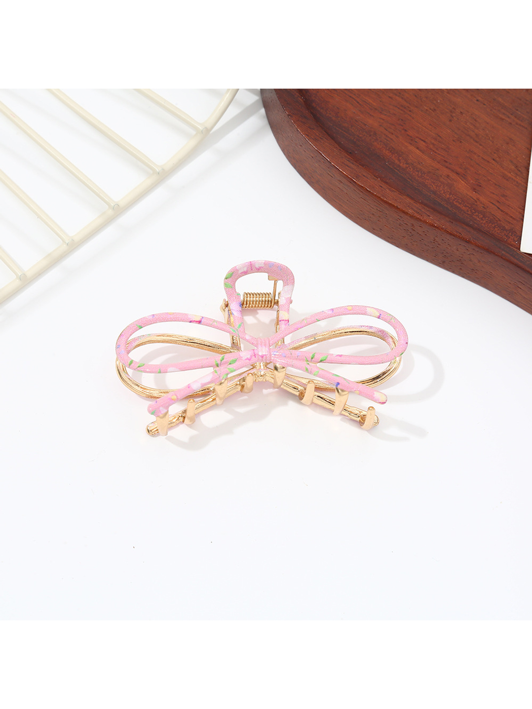 Beau - Floral Print Bow Shape Alloy Claw Clip