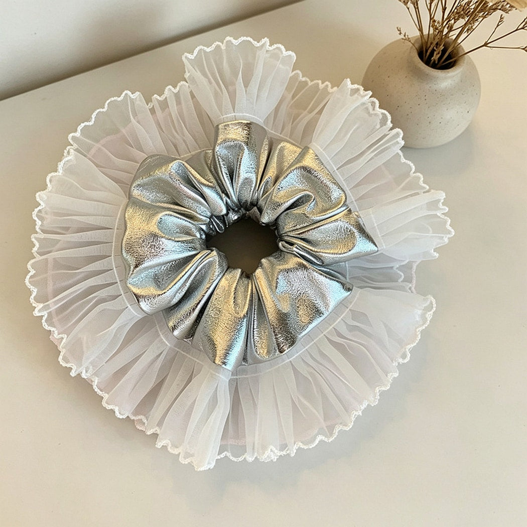 Gifty - Silver Tone Lace Ruffle Ponytail Scrunchie