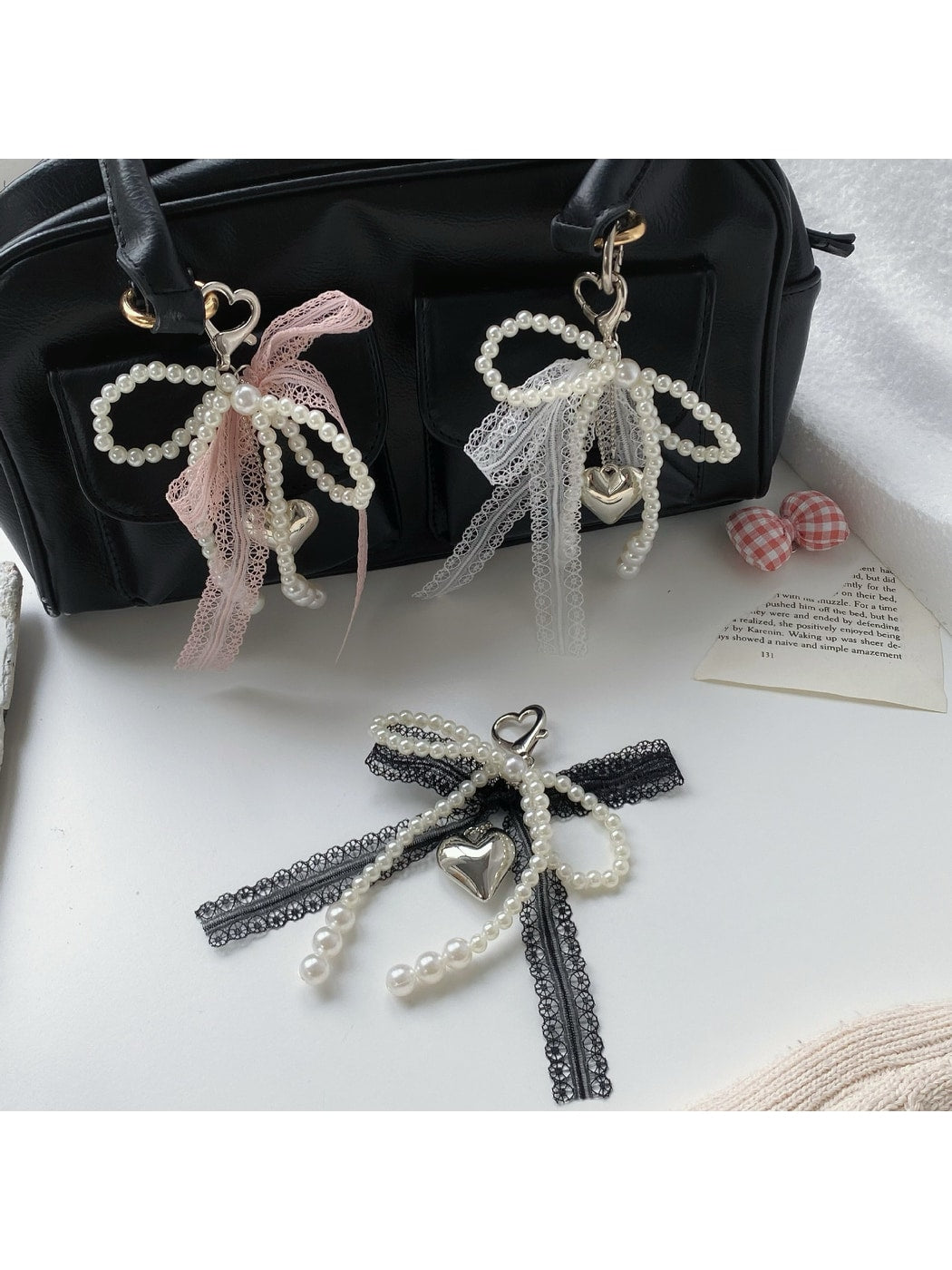 Keypus - Lace Bow Beaded Heart Pendant Bag Charm Keychain