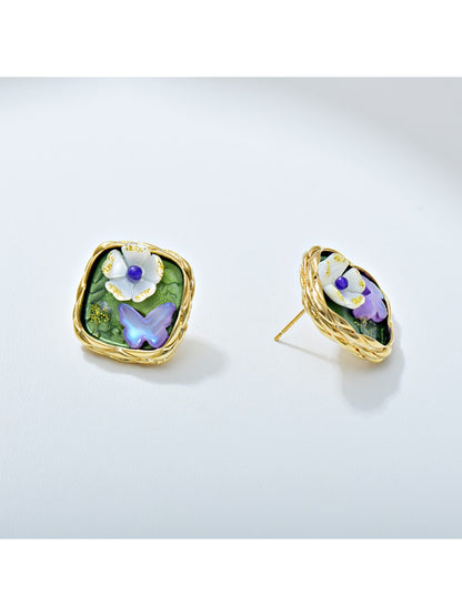Earedge - Inlaid Floral Square Stud Earrings