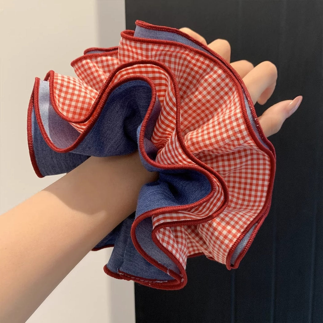 Gifty - Layered Gingham Trim Polyester Scrunchie