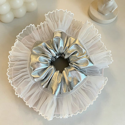 Gifty - Silver Tone Lace Ruffle Ponytail Scrunchie