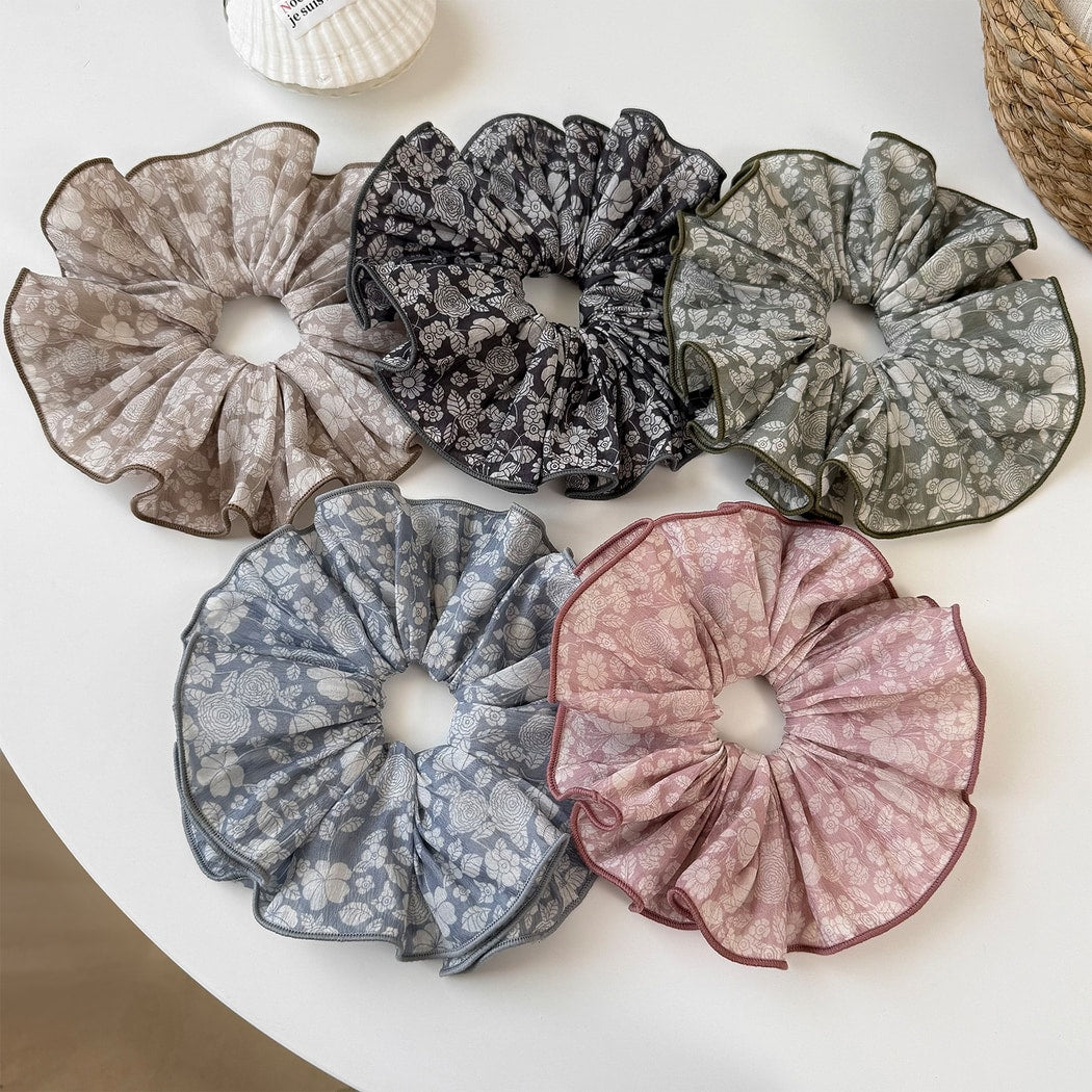 Gifty - Rose Print Layered Ruffle Fabric Hair Scrunchie