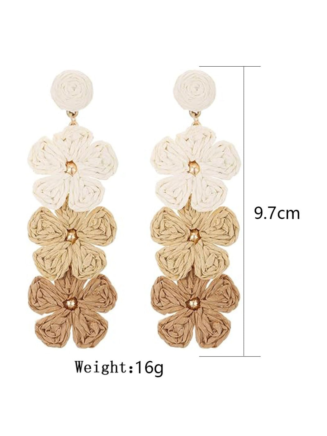 Side view of colorful Bohemian drop earrings with layered shapes and gold accents