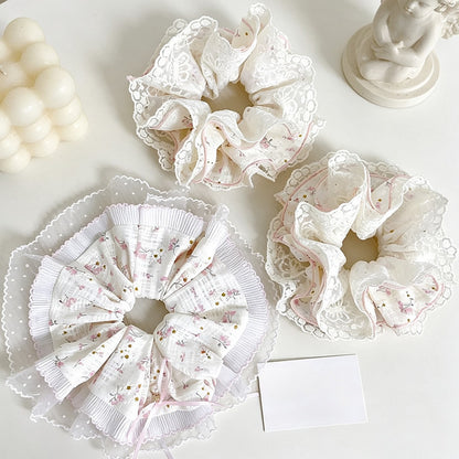 Gifty - Floral Lace Trim Pleated Ponytail Scrunchie