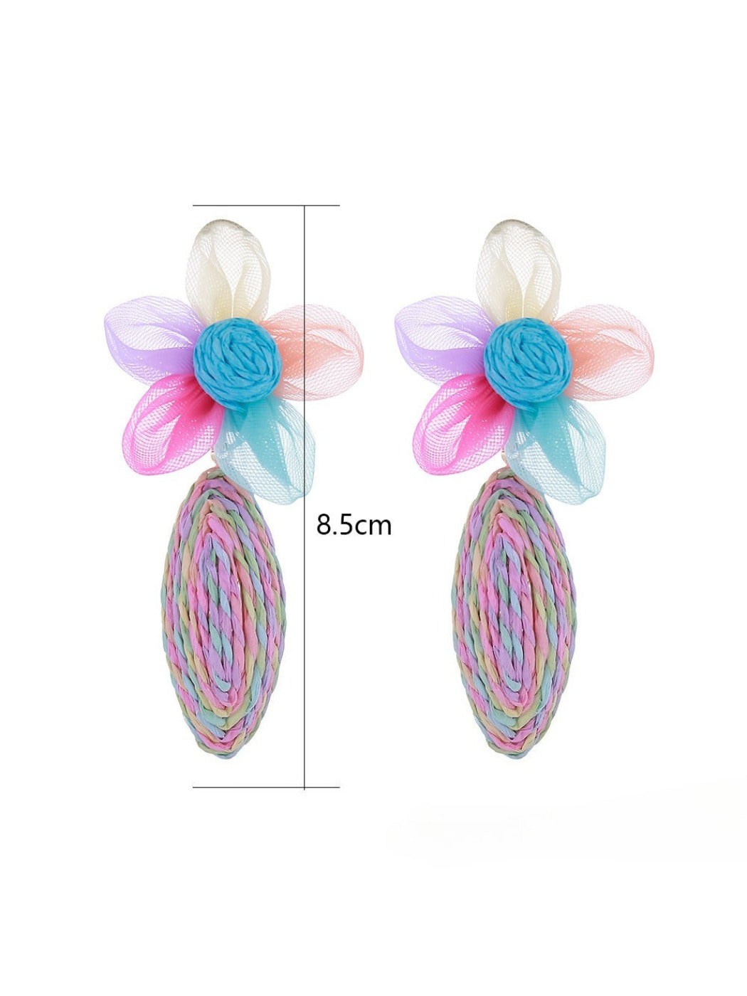 Side view of raffia lace earrings showing earring hooks and delicate flower design