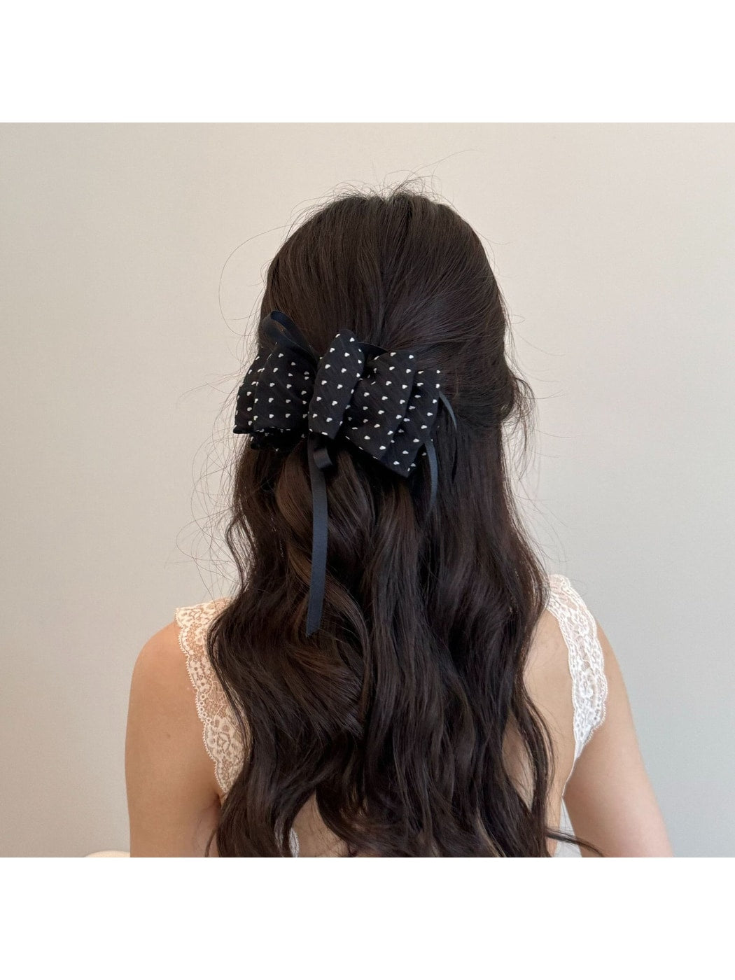 Beau - Heart Print Layered Bow Ribbon Banana Clip