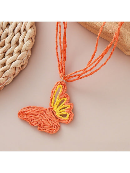 Earedge raffia butterfly pendant necklace with adjustable cord clasp
