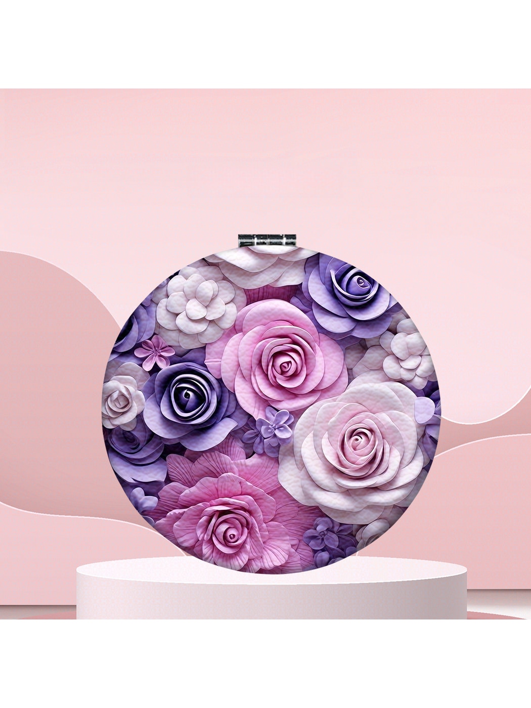 Mirroray - Round Floral Print Portable Folding Makeup Mirror