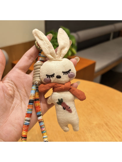 Side view of silver rabbit charm attached to a round keyring