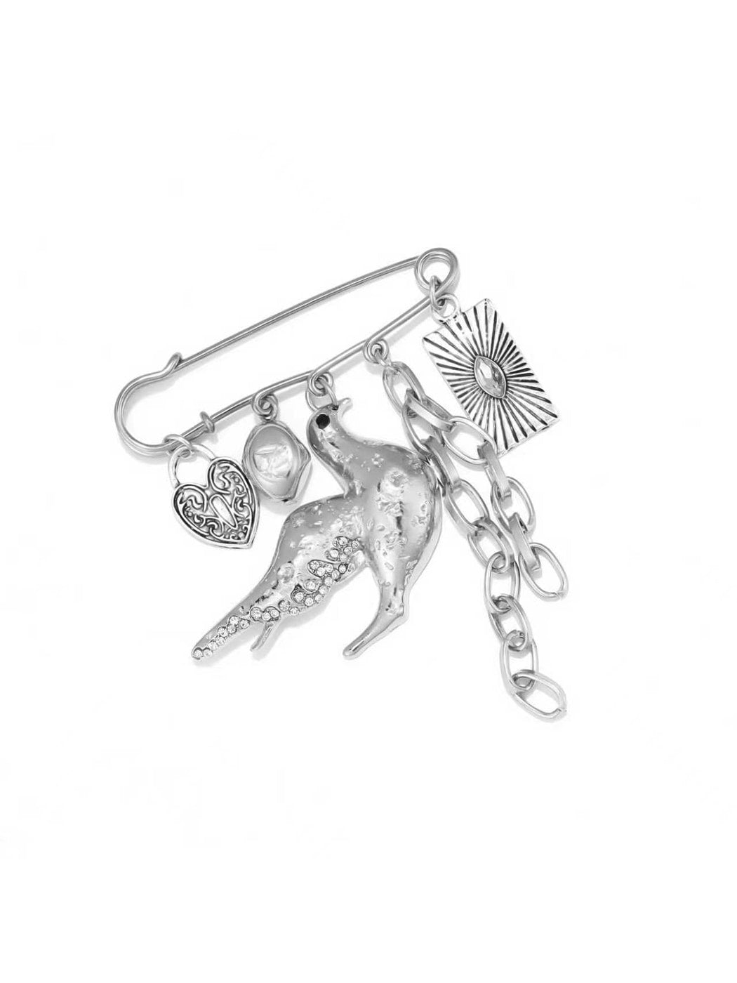 Brovia - Punk Bird Chain Detail Alloy Statement Brooch