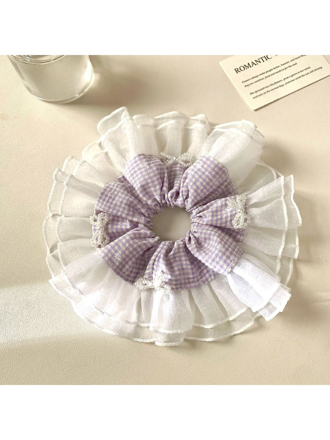 Gifty Sweet Minimalist Plaid Scrunchie in soft beige and brown tones on white background
