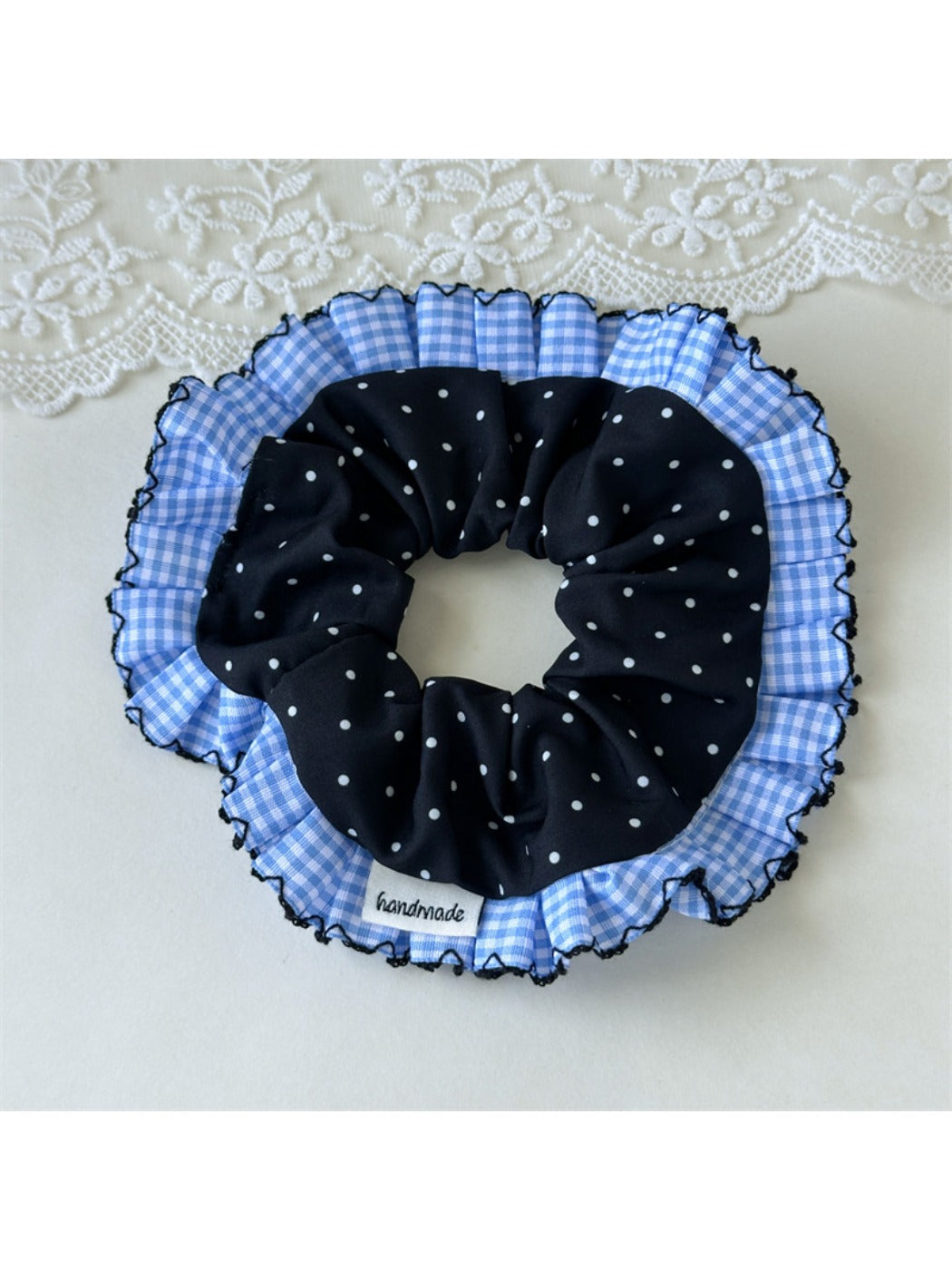 Gifty - Polka Dot Blue Plaid Lace Scrunchie