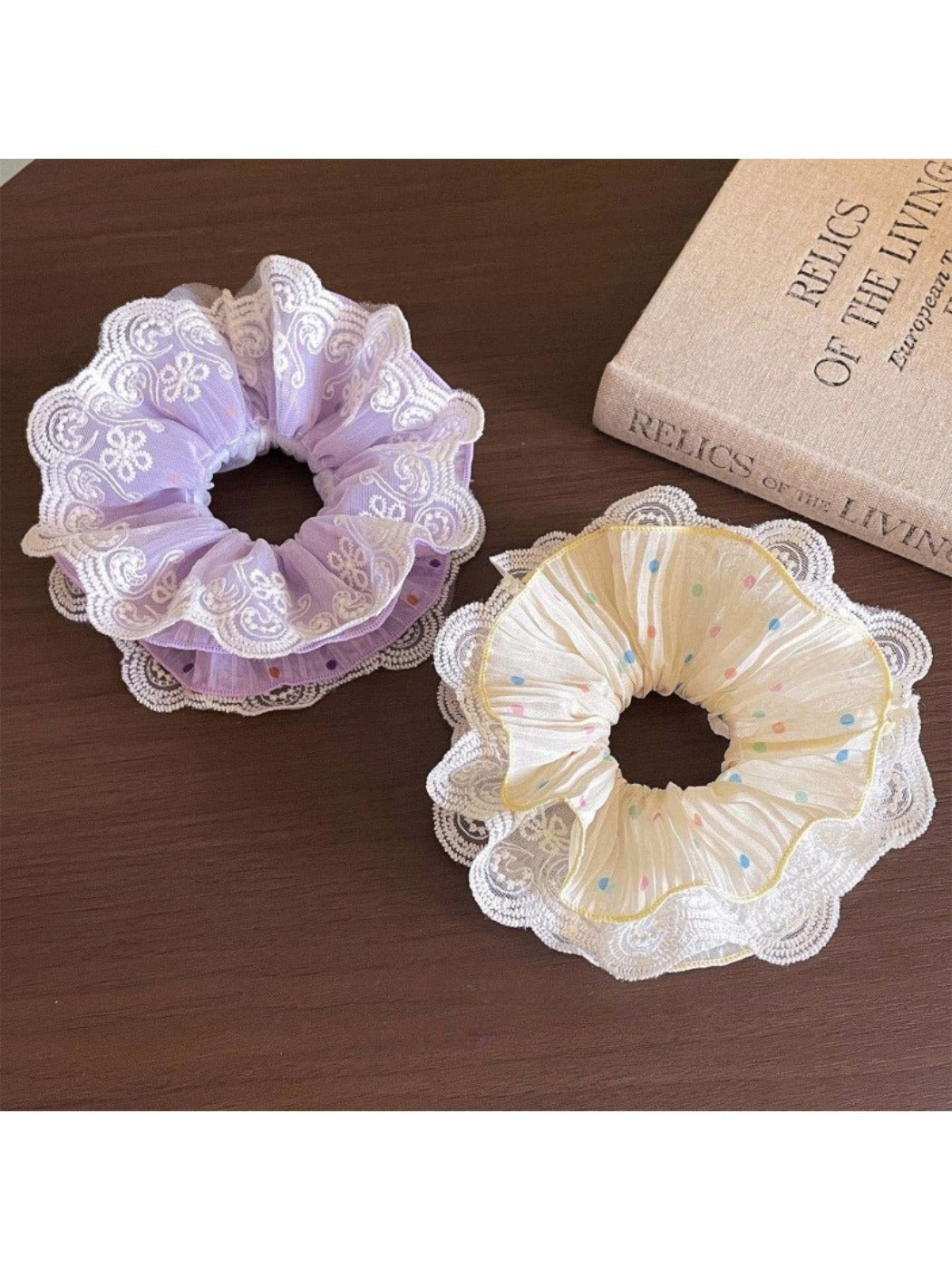 Side view of Gifty polka dot lace double layer scrunchie highlighting layered design