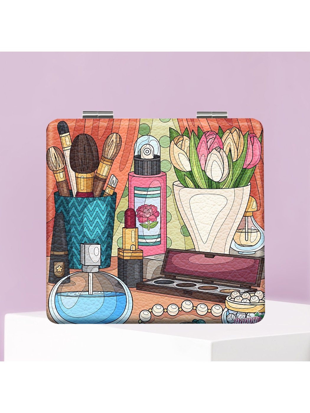 Mirroray - Cartoon Print Foldable PU Glass Compact Mirror