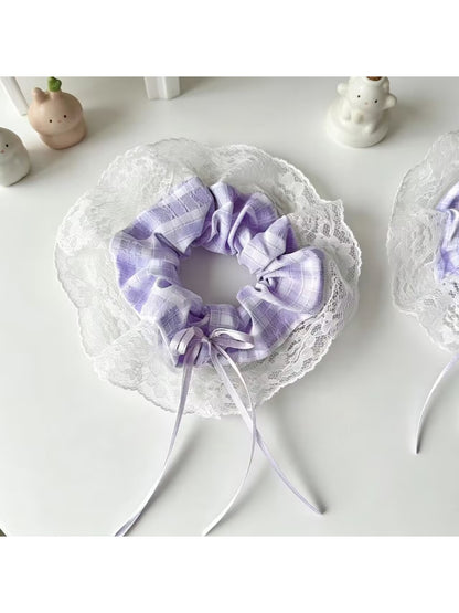 Gifty - Purple Checked Lace Frill Bow Detail Scrunchie