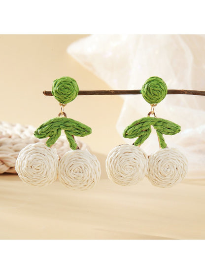 Pair of lightweight raffia cherry earrings with red woven cherries and green leaves