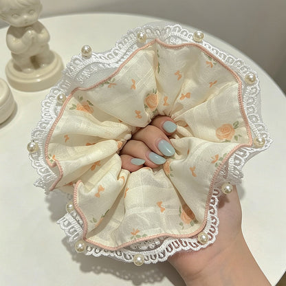 Gifty - Sweet Rose Print Lace Trim Scrunchie