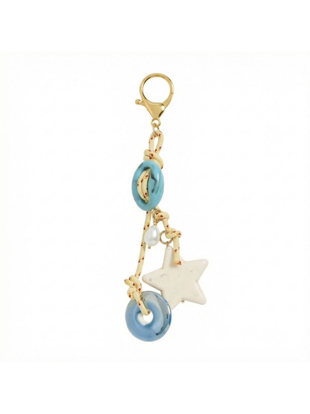 Close-up of vintage beaded keychain showing detailed beadwork and gold clasp
