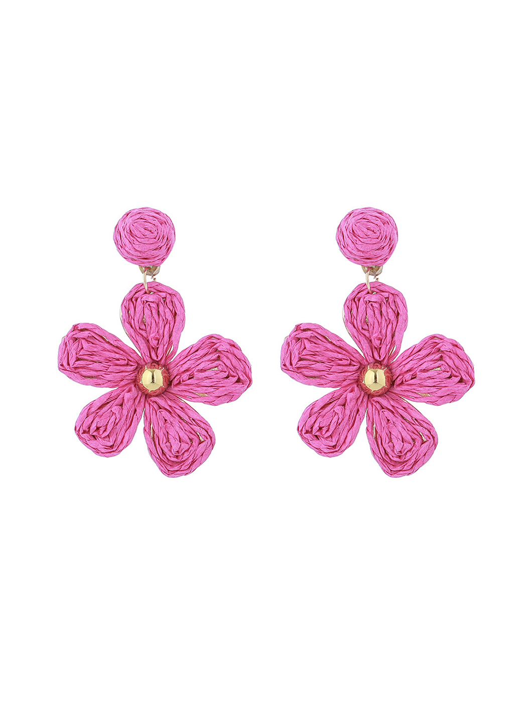 Side view of Earedge floral raffia woven vintage drop earrings showing woven texture
