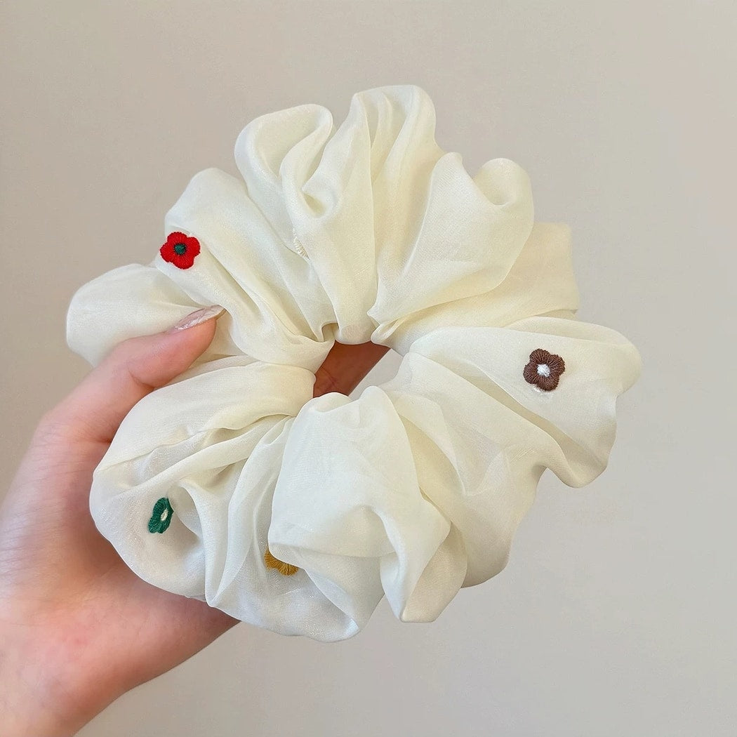 Gifty - Delicate Embroidered Flower Mesh Scrunchie
