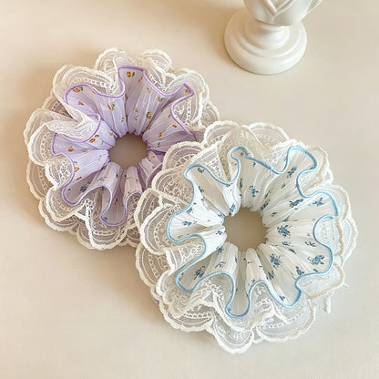 Gifty - Ruffled Openwork Flower Print Lace Scrunchie