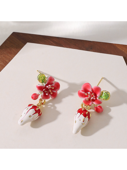 Earedge - Glossy Strawberry Floral Alloy Stud Earrings