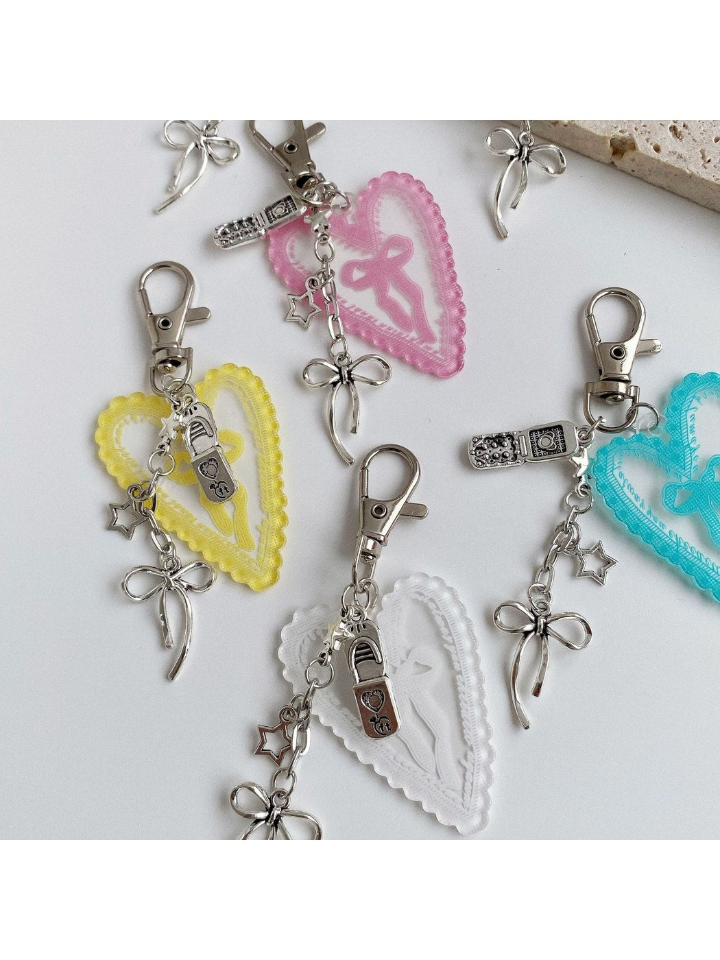 Keypus - Heart Pendant Bow Detail Bag Charm Keychain