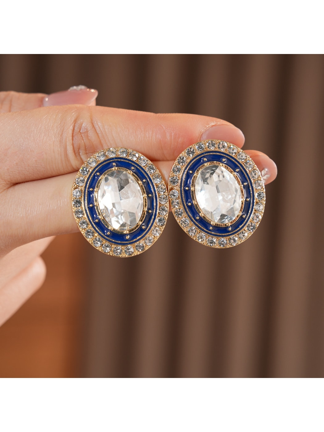 Earedge - Vintage Oval Rhinestone Geometric Stud Earrings
