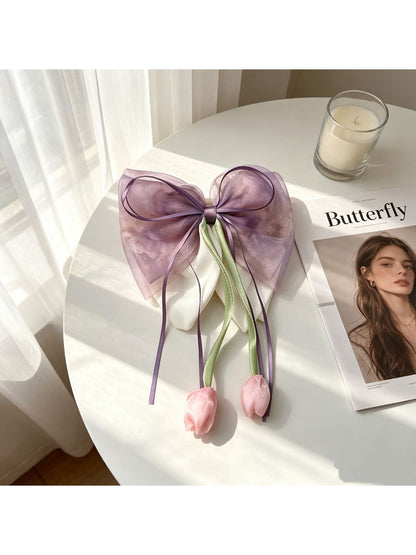 Beau - Tulip Bow Ribbon Ponytail Floral Hair Clip