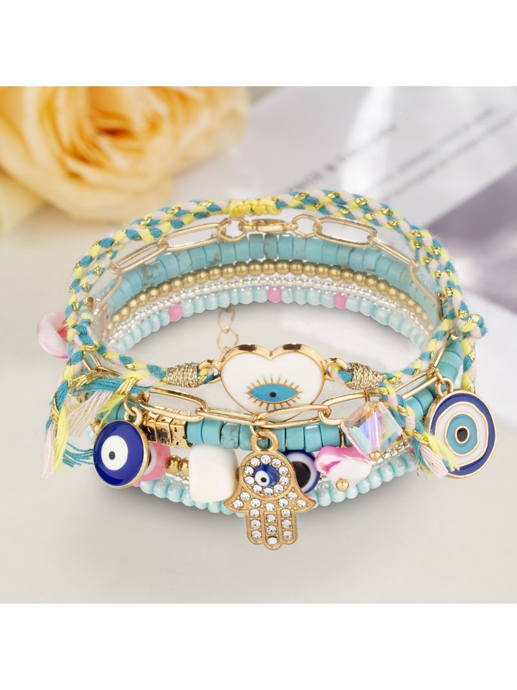 Lovra vintage inspired bracelet arranged with complementary jewelry pieces