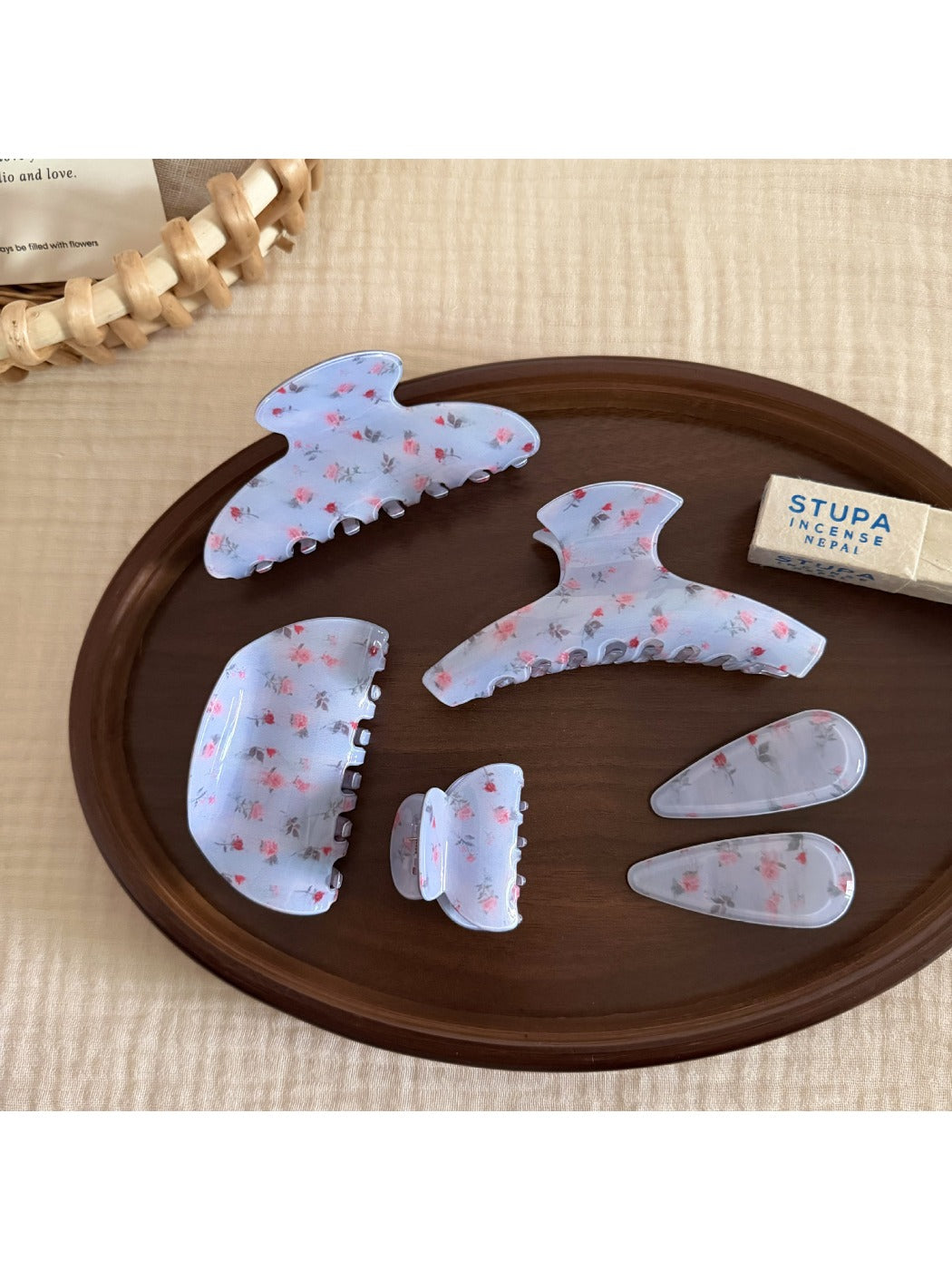 Side view of Beau gentle blue hair clip highlighting clasp mechanism