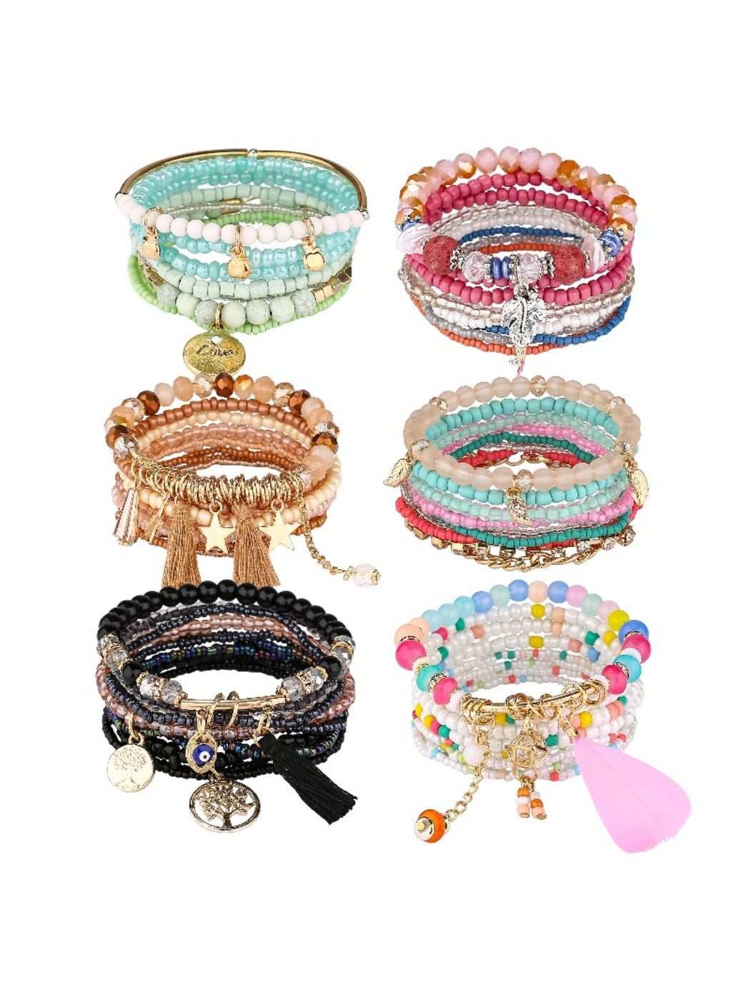 Side view of Lovra beaded bracelets stacked on a wrist with natural lighting
