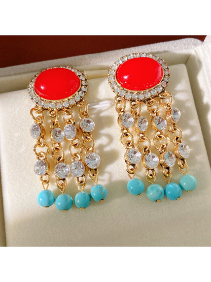 Earedge - Vintage Oval Rhinestone Tassel Earrings