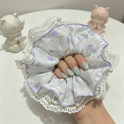 Gifty - Sweet Rose Print Lace Trim Scrunchie
