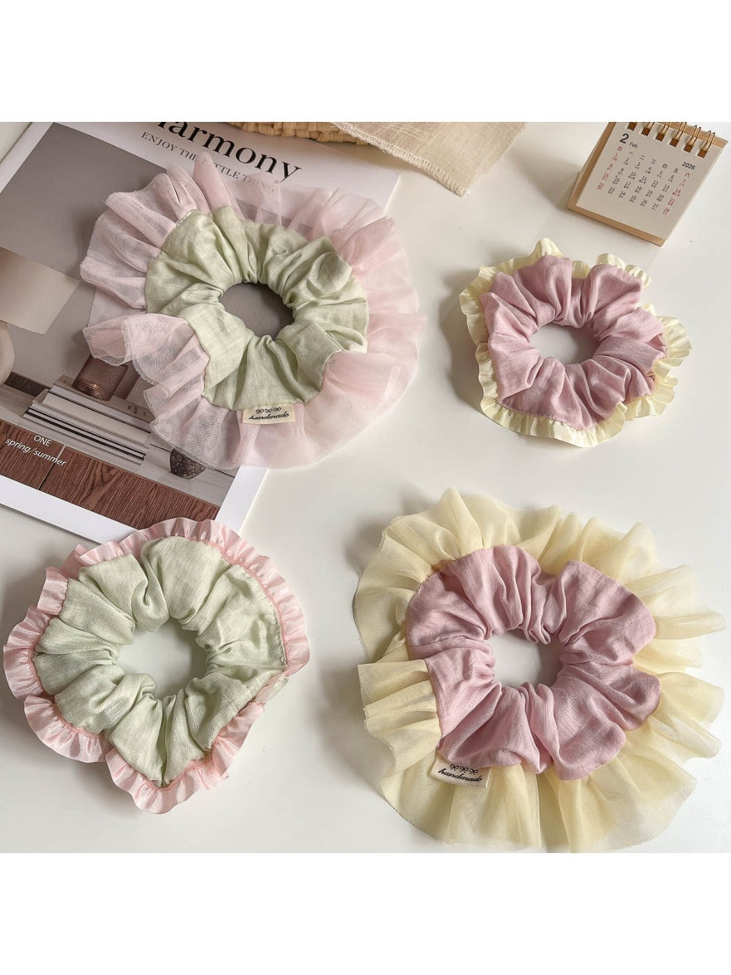 Gifty Sweet Color Block Tulle Scrunchie in pastel pink and blue on white background