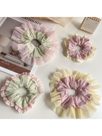 Gifty Sweet Color Block Tulle Scrunchie in pastel pink and blue on white background
