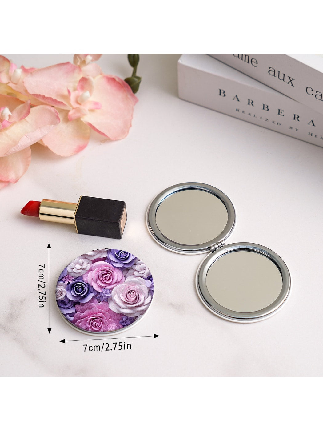 Mirroray - Round Floral Print Portable Folding Makeup Mirror