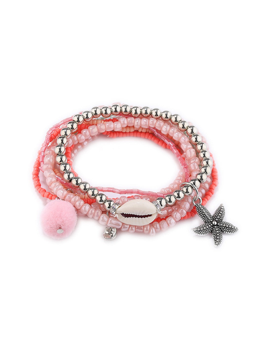 Lovra bracelet displayed flat showing multiple rows of small gold and silver beads